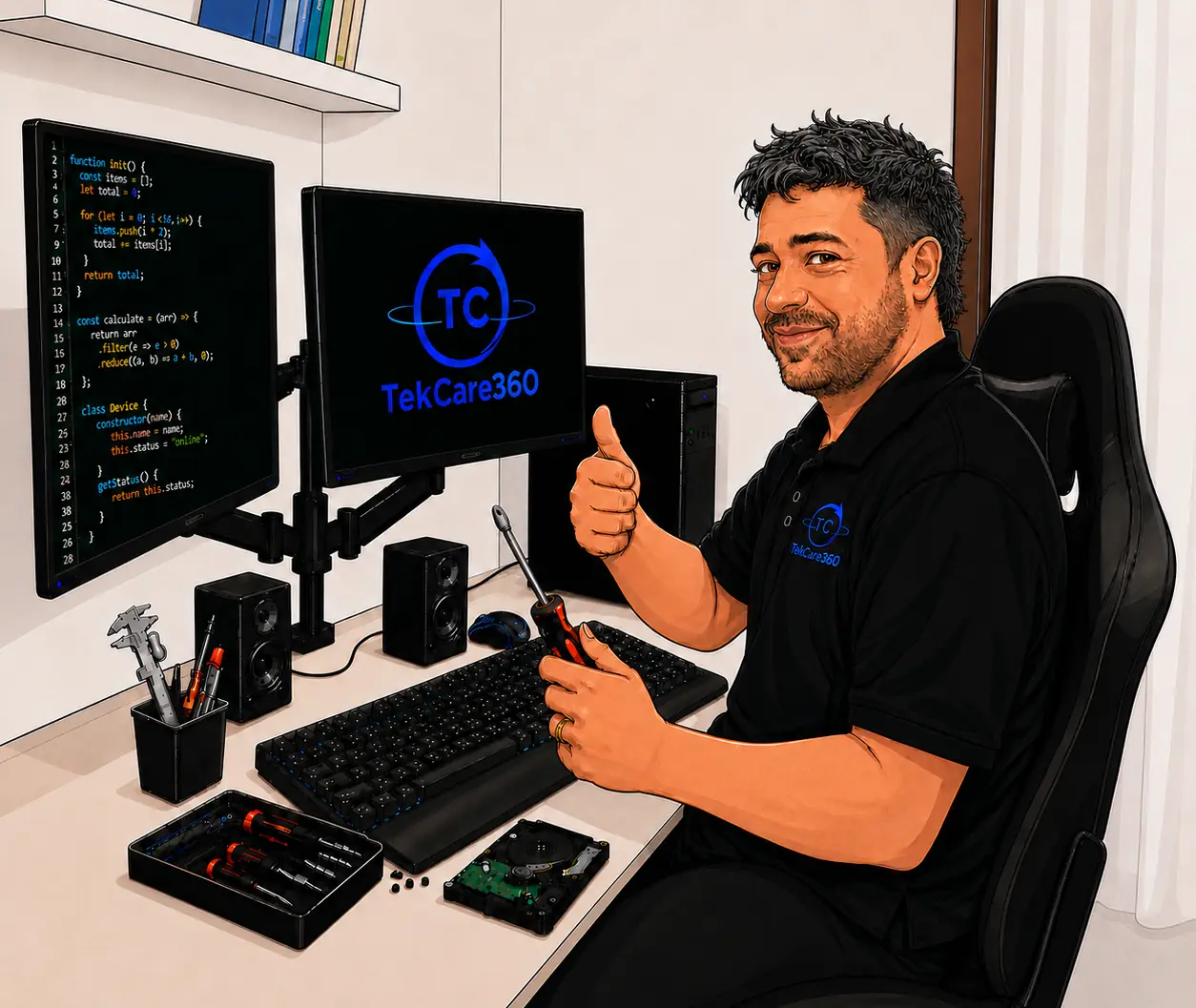 Ritratto stilizzato di Francisco nella sua postazione di lavoro TekCare360