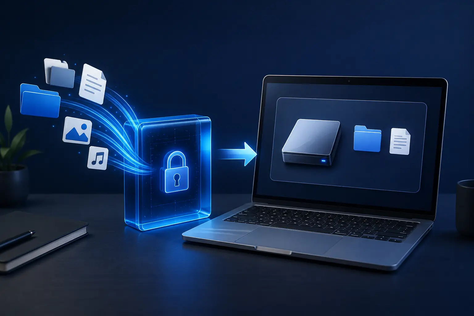 Illustrazione di un contenitore cifrato montato come disco virtuale su un computer
