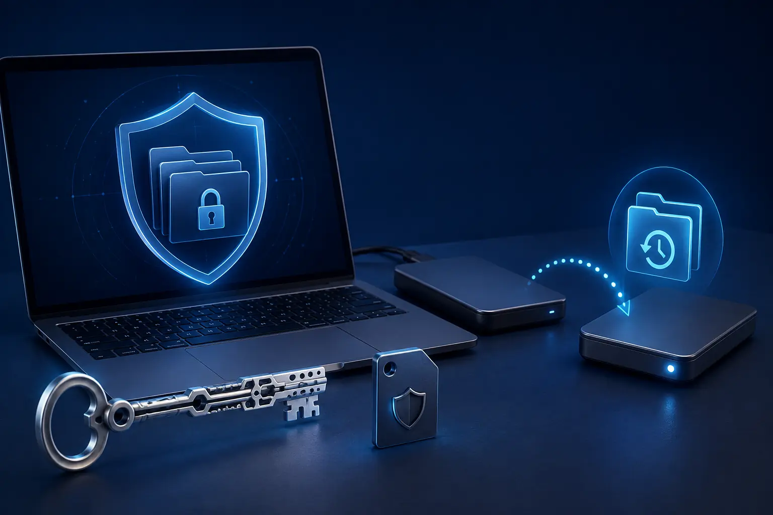 Illustrazione di una password, un keyfile e un backup separato per proteggere dati cifrati