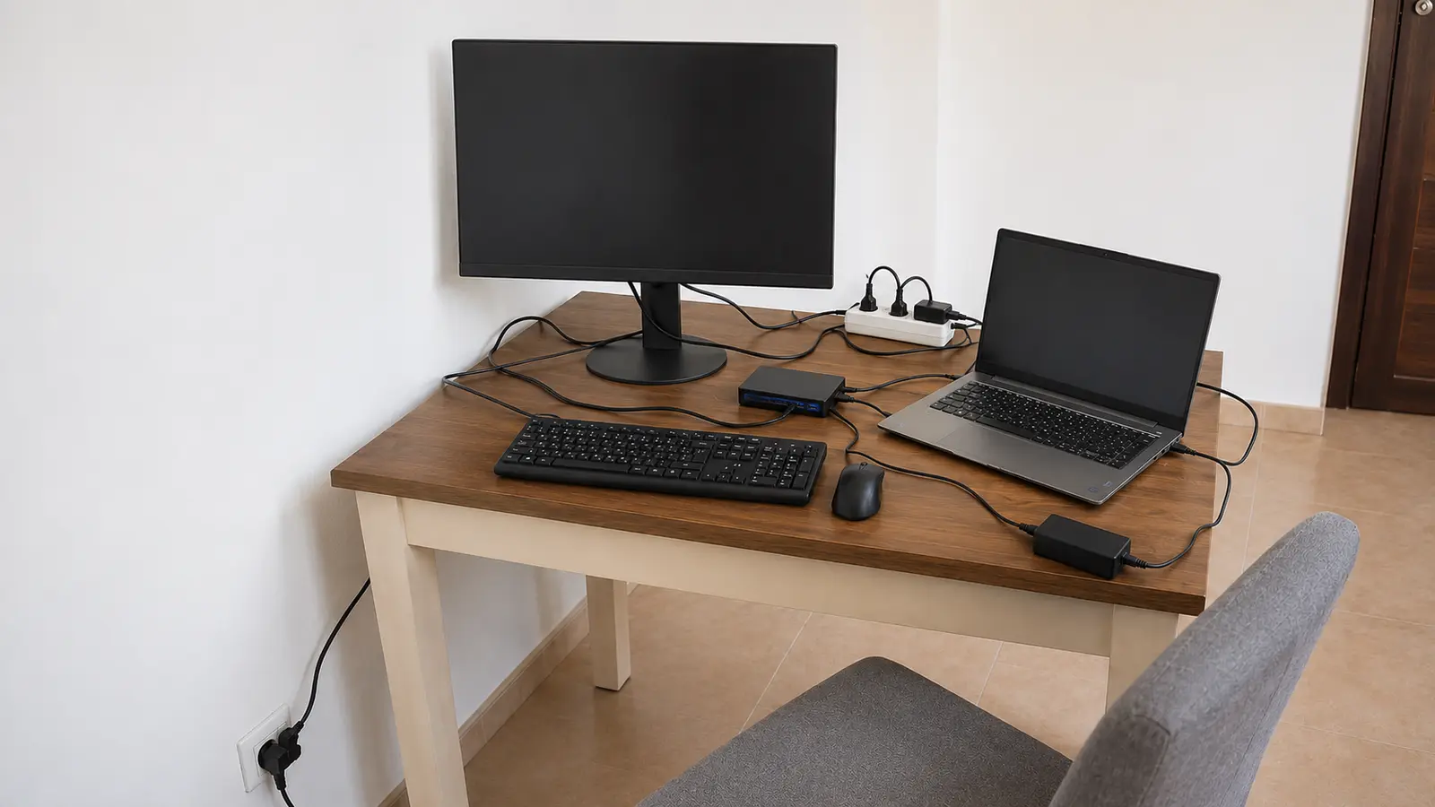 Postazione domestica con cavi, docking station e alimentatori visibili sul piano della scrivania